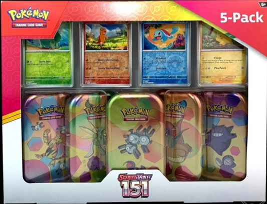 Pokemon 151 Mini Tins (5-pack) + 4 Promo Cards ( TIN ART MAY VARY)