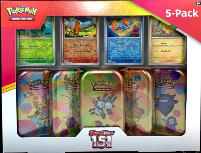 Pokemon 151 Mini Tins (5-pack) + 4 Promo Cards ( TIN ART MAY VARY)